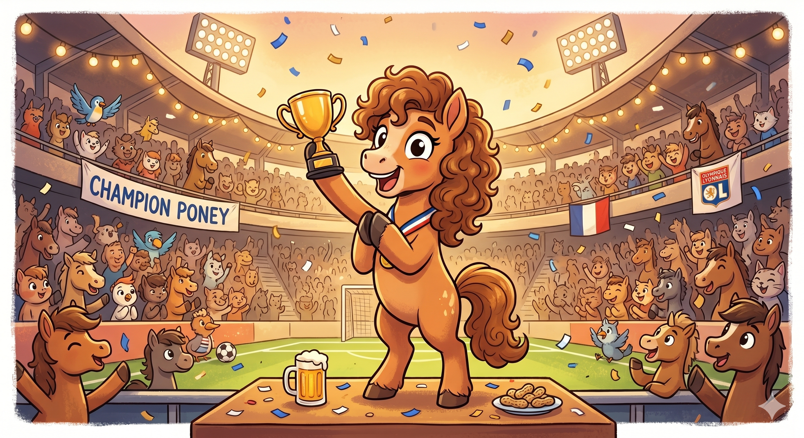 Pony avec un trophée et une couronne dans un stade